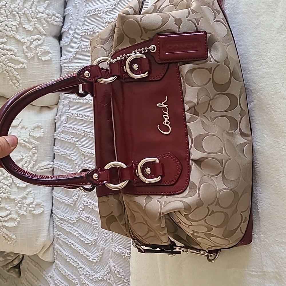 Coach Burgundy and Beige Mini Bag